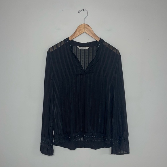 Zara Blouse Women’s Size Medium Black Striped Sheer‎ Satin Silver Studded Ruffle - Picture 2 of 11